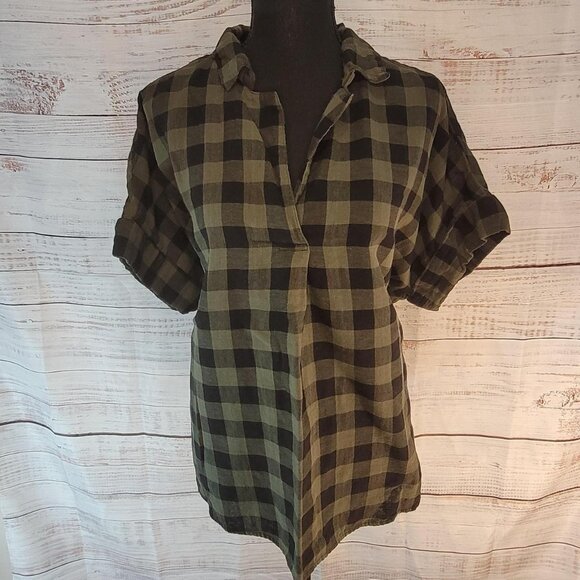 Time and Tru Olive Green Plaid Short Sleeve Button Up Blouse XL - Picture 1 of 6